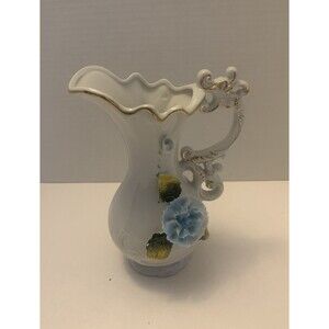 Vtg Lego Ceramic Pitcher With Gold Accents Made In Taiwan with raised flowers